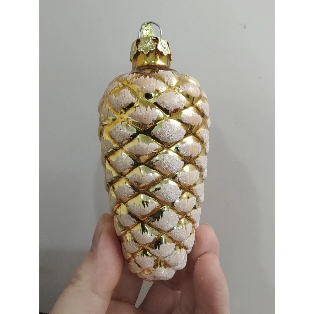 Glass Glitter Snow Covered Gold White Pink Pinecones Ornaments 3